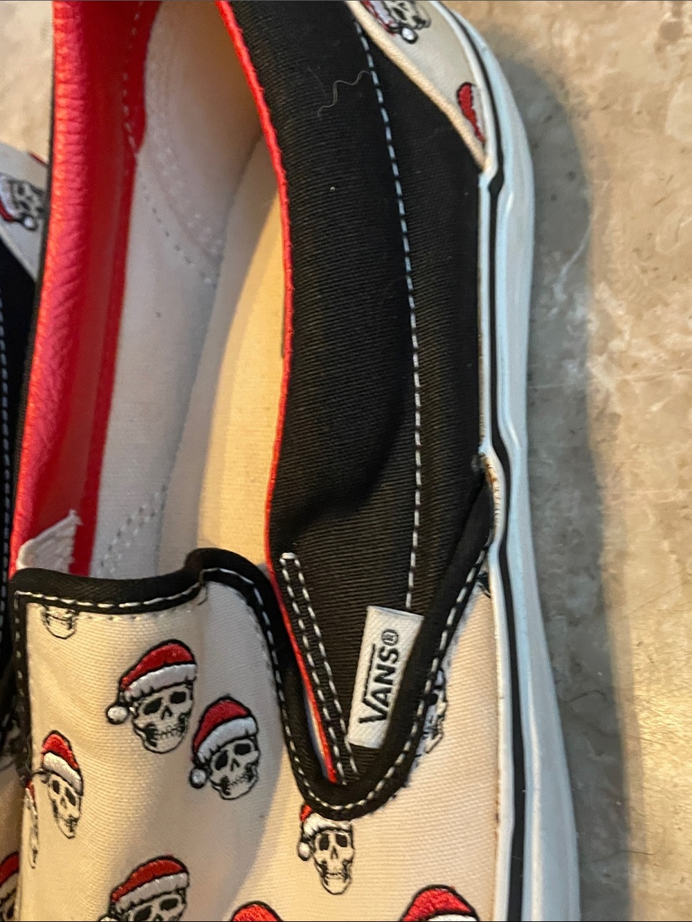 Vans Slip-On Loafers in White, Black, and Red with Skull Print - Picture 6 of 15